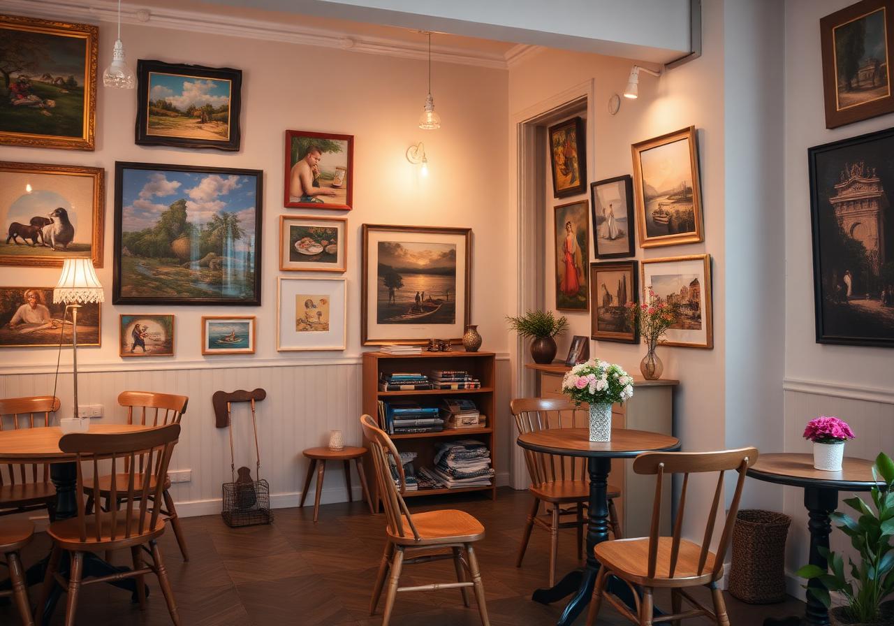 Interiør med kunst på veggene